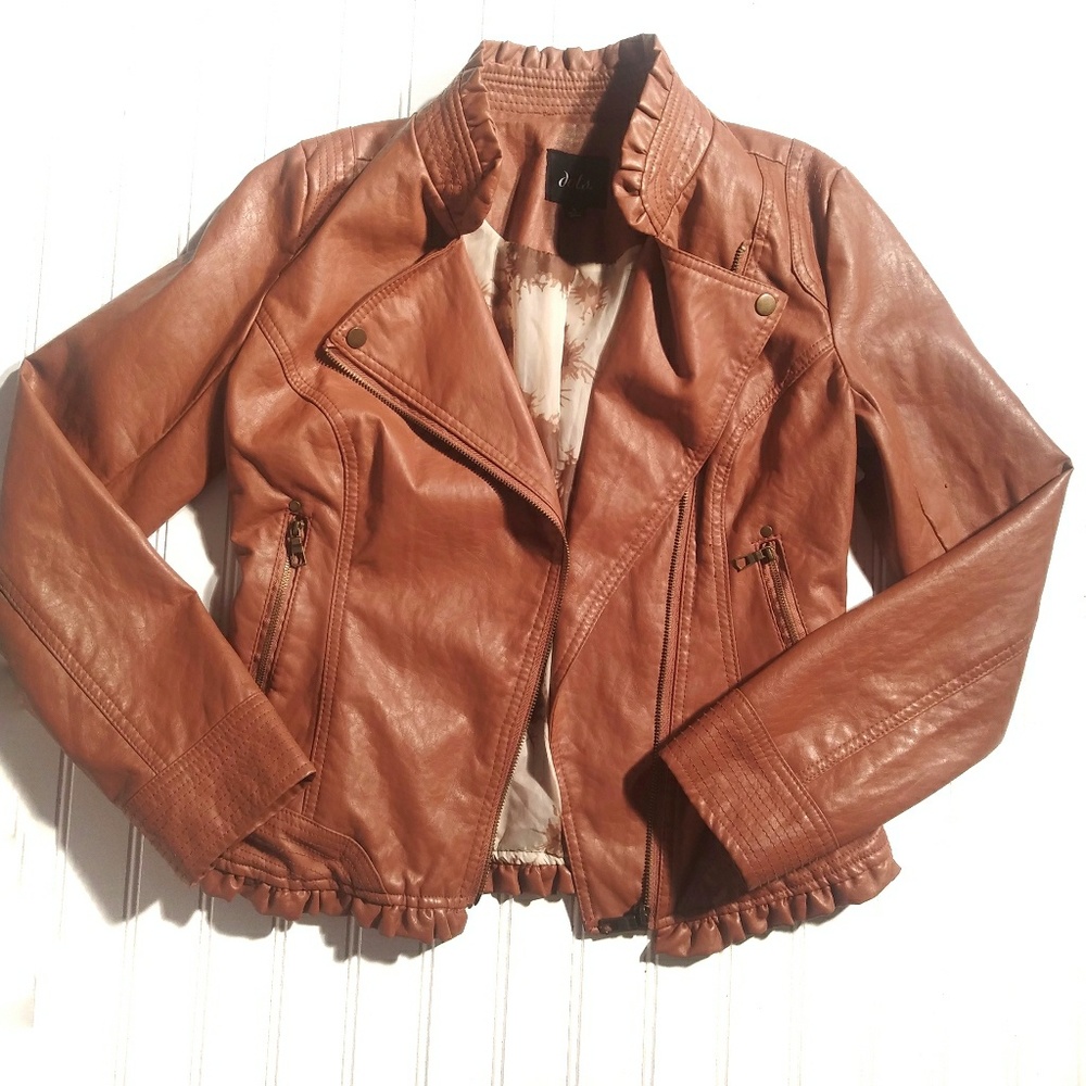 Dots faux tan leather jacket ruffle hem Sz. S
